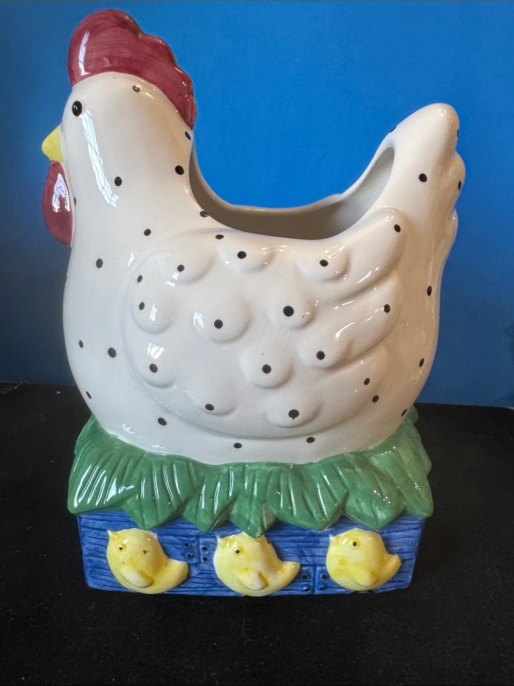 Boston Warehouse White Polka Dot Hen Planter with Red Comb and Yellow Chicks